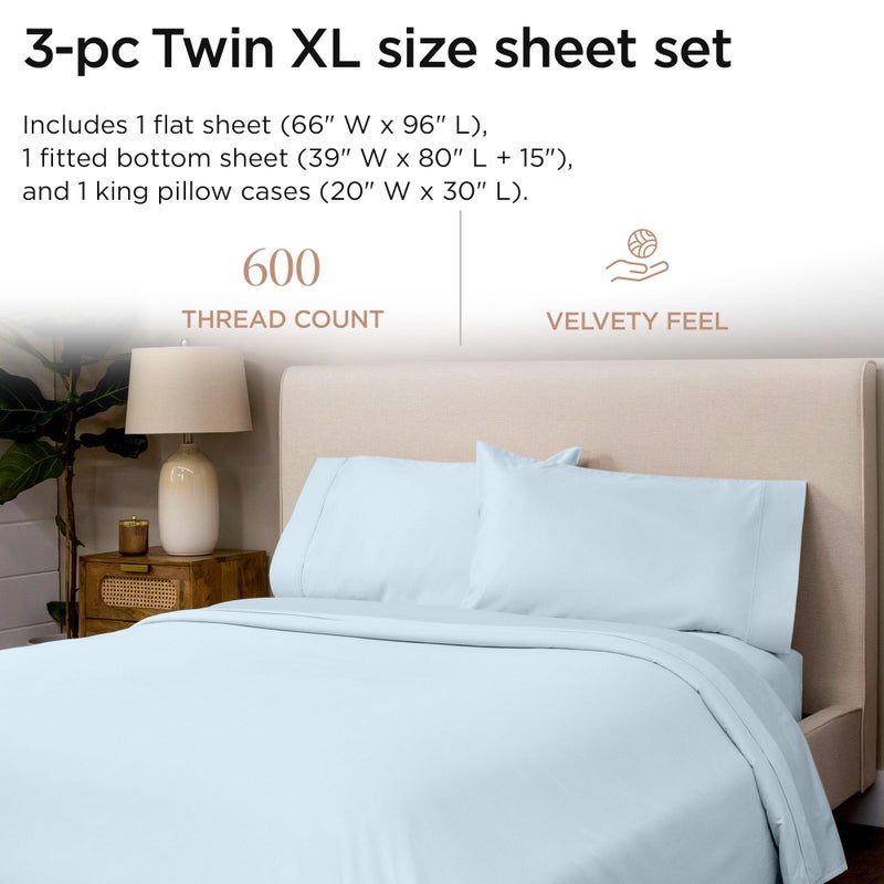 Threadmill 100% Cotton Sheets for Twin XL Size Bed - 600 Thread Count Twin XL Bed Sheets Set with 15â€ Deep Pocket - Sateen Weave 3-Piece Bedding Set with Cooling Effect, Blue - Image 2